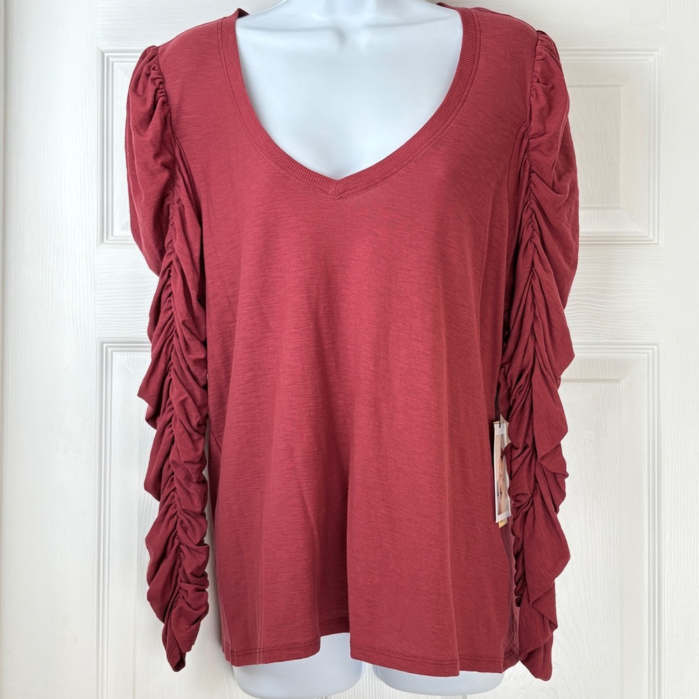 Nation Womens XL V-Neck Top Red Ruched Long Sleeve Pima Cotton Slub Jersey